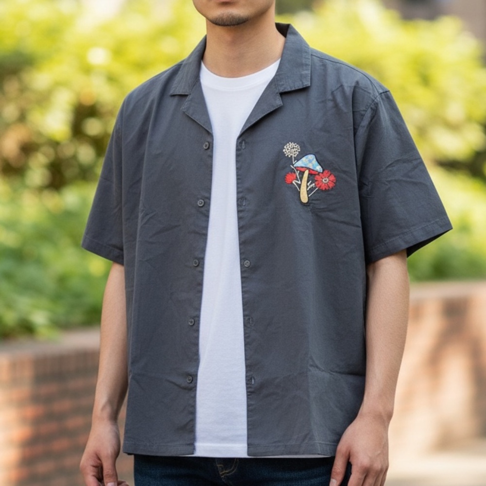 NWT Men's Mushroom Cotton Camp Shirt Embroidered XL